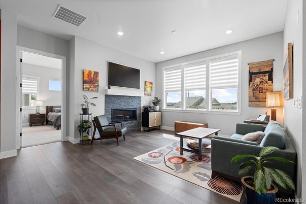 Bedroom, Fireplace, Interior, Recessed Lighting, Wood Texture Flooring