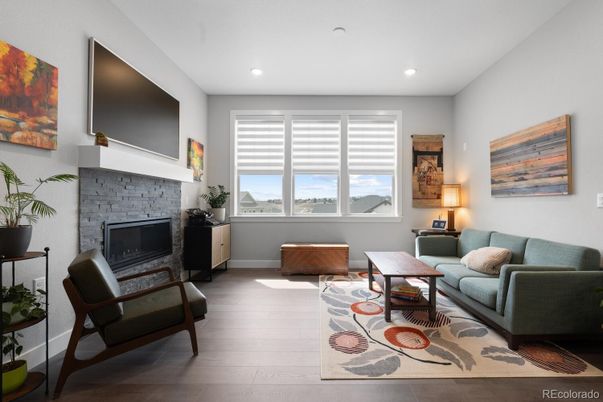 Fireplace, Interior, Living room, Recessed Lighting, Wood Texture Flooring