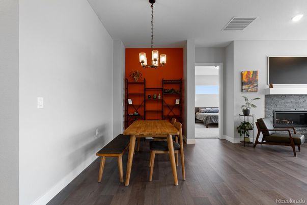 Bedroom, Chandelier, Dining room, Fireplace, Interior, Recessed Lighting, Wood Texture Flooring