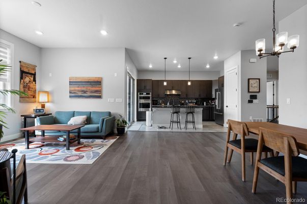 Interior, Kitchen, Living room, Pendant Lights, Recessed Lighting, Stainless Steel Appliances, Wood Texture Flooring