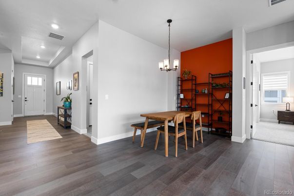 Dining room, Interior, Pendant Lights, Recessed Lighting, Wood Texture Flooring