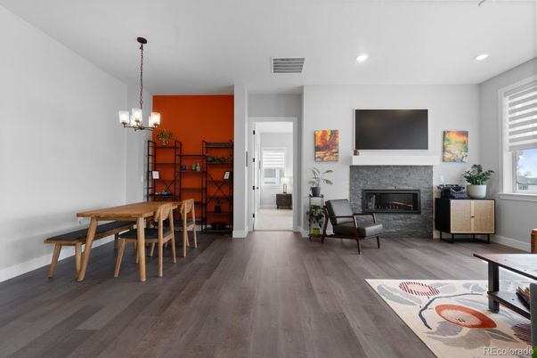 Dining room, Fireplace, Interior, Pendant Lights, Recessed Lighting, Wood Texture Flooring