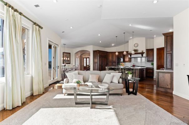 Dining room, Interior, Kitchen, Living room, Pendant Lights, Recessed Lighting, Stainless Steel Appliances, Wood Texture Flooring