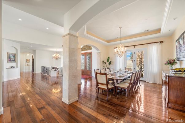 Chandelier, Dining room, Interior, Recessed Lighting, Wood Texture Flooring
