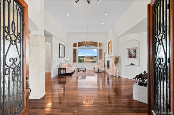 Chandelier, Fireplace, Interior, Living room, Recessed Lighting, Wood Texture Flooring