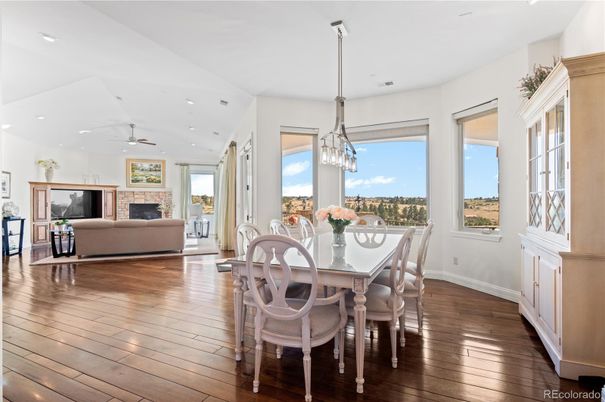 Dining room, Fireplace, Interior, Living room, Pendant Lights, Recessed Lighting, Wood Texture Flooring