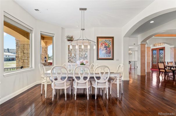 Dining room, Interior, Pendant Lights, Recessed Lighting, Wood Texture Flooring