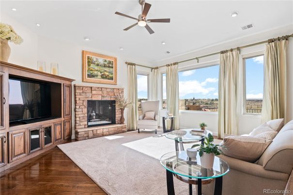 Fireplace, Interior, Living room, Recessed Lighting, Wood Texture Flooring