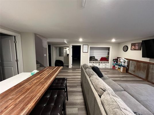 Dining room, Interior, Living room, Recessed Lighting, Wood Texture Flooring