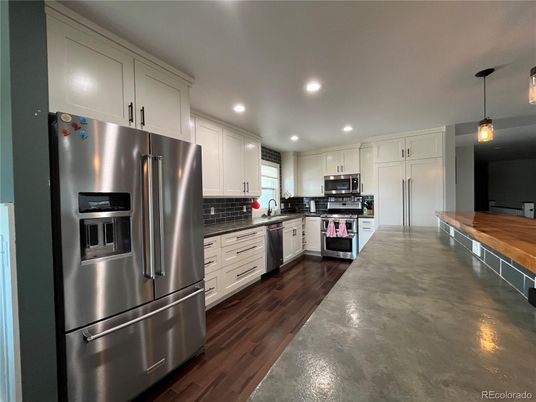 Interior, Kitchen, Pendant Lights, Recessed Lighting, Stainless Steel Appliances, Wood Texture Flooring