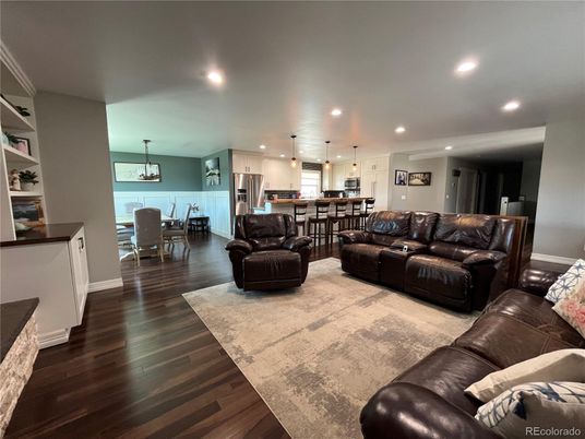 Dining room, Interior, Kitchen, Living room, Pendant Lights, Recessed Lighting, Stainless Steel Appliances, Wood Texture Flooring