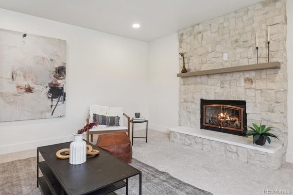 Fireplace, Interior, Recessed Lighting, Stone Walls