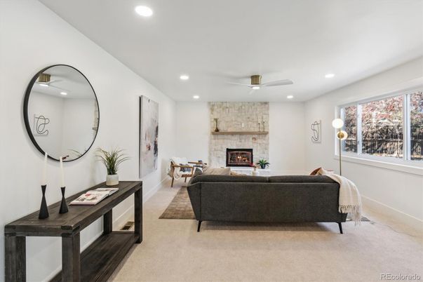 Fireplace, Interior, Living room, Recessed Lighting, Stone Walls