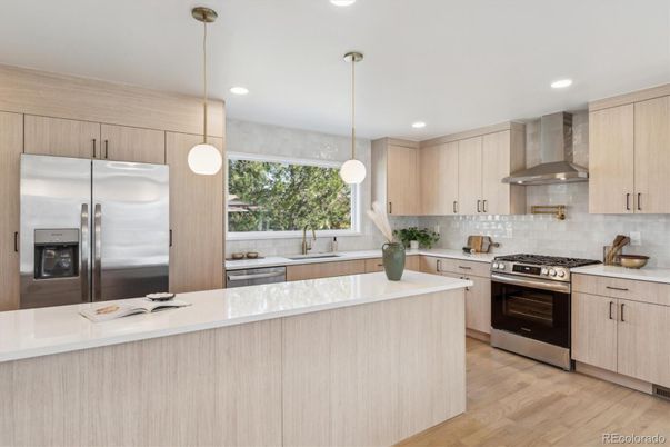 Interior, Kitchen, Pendant Lights, Recessed Lighting, Stainless Steel Appliances, Wood Texture Flooring