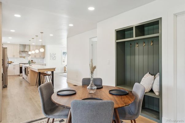 Dining room, Interior, Kitchen, Pendant Lights, Recessed Lighting, Wood Texture Flooring