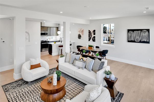 Dining room, Interior, Kitchen, Living room, Recessed Lighting, Stainless Steel Appliances, Wood Texture Flooring