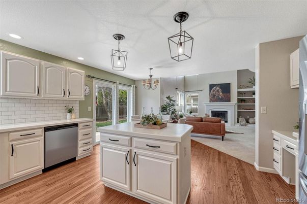 Dining room, Fireplace, Interior, Kitchen, Living room, Pendant Lights, Recessed Lighting, Wood Texture Flooring