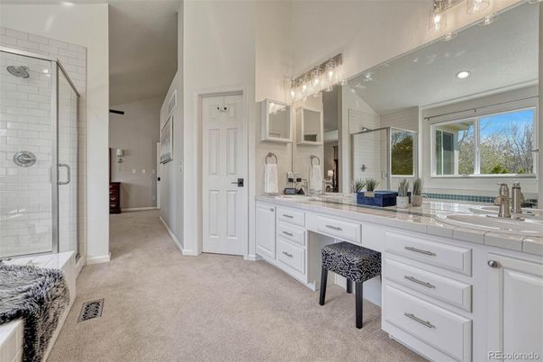 Bathroom, Dual Sink Vanities, Glass Shower, Interior, Recessed Lighting, Tile Countertops
