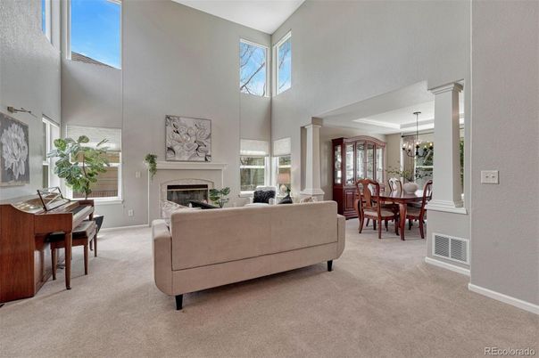 Dining room, Fireplace, Interior, Living room, Pendant Lights, Piano