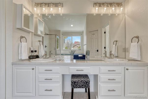 Bathroom, Dual Sink Vanities, Interior, Recessed Lighting, Tile Countertops