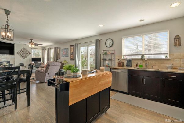 Dining room, Fireplace, Interior, Kitchen, Living room, Pendant Lights, Recessed Lighting, Wood Texture Flooring