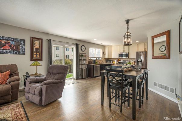 Dining room, Interior, Kitchen, Living room, Pendant Lights, Recessed Lighting, Stainless Steel Appliances, Wood Texture Flooring