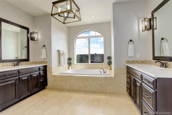 Bathroom, Dual Sink Vanities, Interior, Recessed Lighting, Wood Texture Flooring