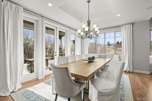 Chandelier, Dining room, Interior, Recessed Lighting, Wood Texture Flooring