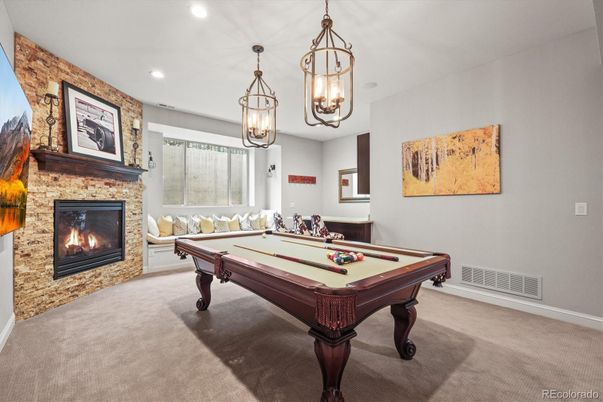 Billiard Table, Fireplace, Game Room, Interior, Pendant Lights, Recessed Lighting