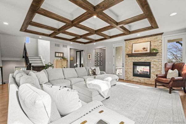 Fireplace, Interior, Living room, Recessed Lighting, Stone Walls, Wooden Beams, Wood Texture Flooring