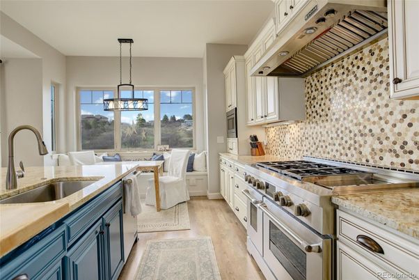 Dining room, Interior, Kitchen, Pendant Lights, Stainless Steel Appliances, Wood Texture Flooring