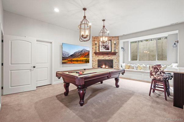 Billiard Table, Chandelier, Fireplace, Game Room, Interior, Pendant Lights, Recessed Lighting