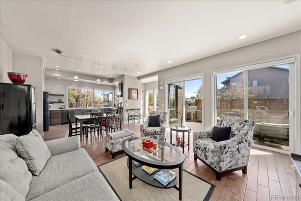 Dining room, Interior, Living room, Pendant Lights, Recessed Lighting, Wood Texture Flooring