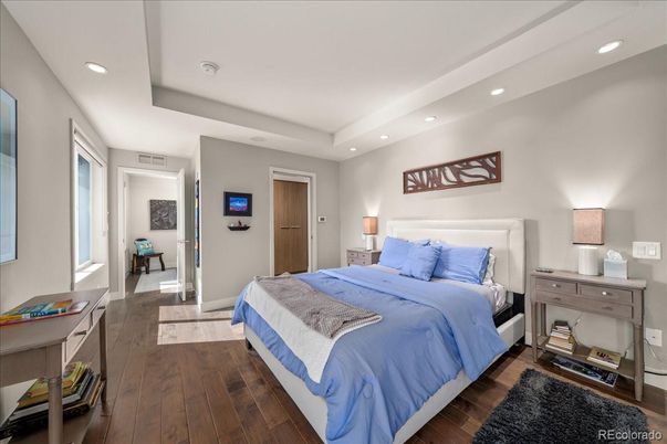 Bedroom, Interior, Recessed Lighting, Wood Texture Flooring