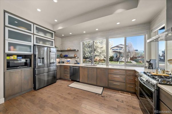 Interior, Kitchen, Recessed Lighting, Stainless Steel Appliances, Wood Texture Flooring