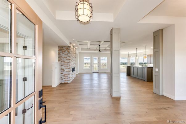 Interior, Kitchen, Pendant Lights, Stone Walls, Wood Texture Flooring