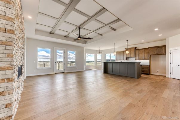 Fireplace, Interior, Kitchen, Pendant Lights, Recessed Lighting, Stone Walls, Wood Texture Flooring