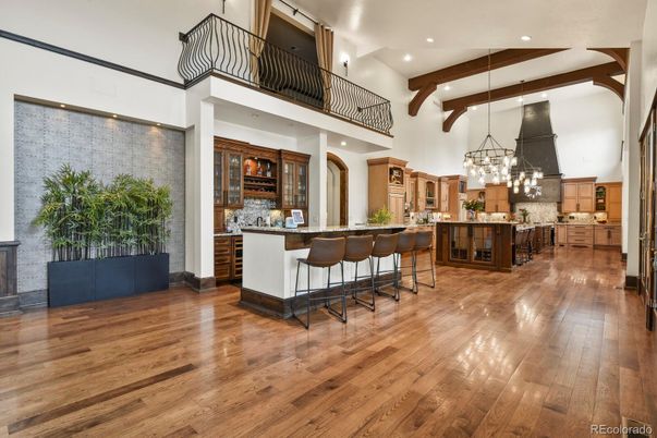 Chandelier, Interior, Kitchen, Pendant Lights, Recessed Lighting, Wooden Beams, Wood Texture Flooring