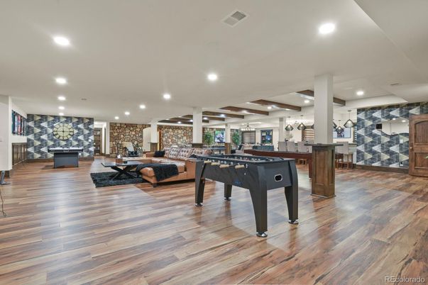 Billiard Table, Game Room, Interior, Living room, Recessed Lighting, Stone Walls, Wooden Beams, Wood Texture Flooring