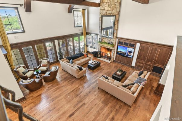 Fireplace, Interior, Living room, Stone Walls, Wooden Beams, Wood Texture Flooring