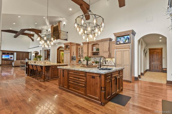 Chandelier, Interior, Kitchen, Pendant Lights, Recessed Lighting, Stainless Steel Appliances, Wooden Beams, Wood Texture Flooring