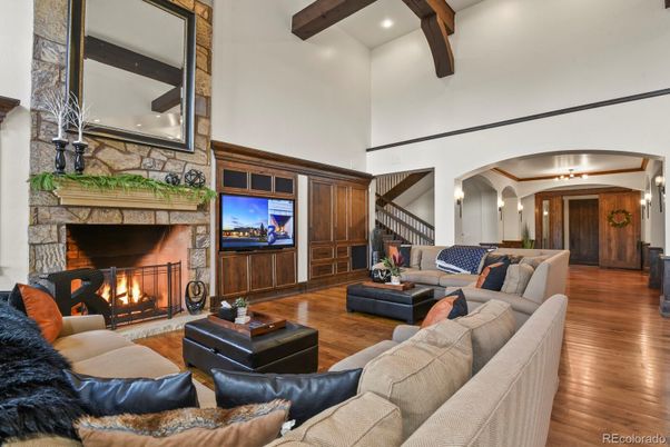 Fireplace, Interior, Living room, Recessed Lighting, Stone Walls, Wooden Beams, Wood Texture Flooring