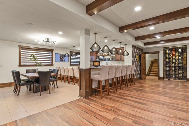 Dining room, Interior, Kitchen, Pendant Lights, Recessed Lighting, Wooden Beams, Wood Texture Flooring