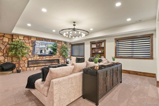 Fireplace, Interior, Living room, Recessed Lighting, Stone Walls