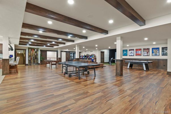 Billiard Table, Game Room, Interior, Recessed Lighting, Wooden Beams, Wood Texture Flooring