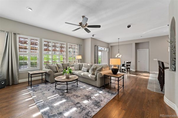 Dining room, Interior, Living room, Pendant Lights, Recessed Lighting, Wood Texture Flooring