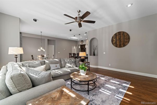 Dining room, Interior, Kitchen, Living room, Pendant Lights, Recessed Lighting, Wood Texture Flooring