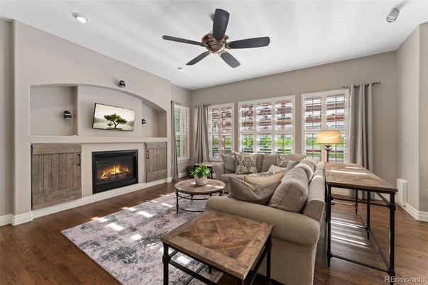 Fireplace, Interior, Living room, Recessed Lighting, Wood Texture Flooring