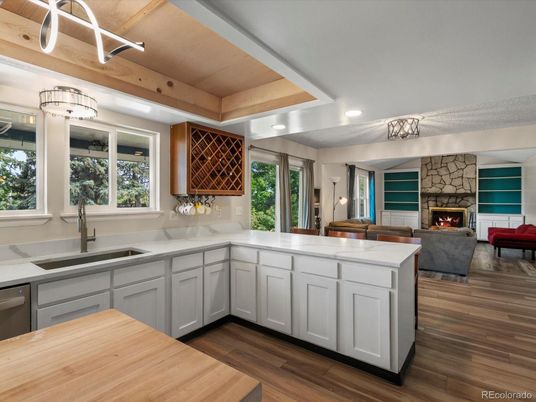 Fireplace, Interior, Kitchen, Living room, Recessed Lighting, Stone Walls, Wooden Ceilings, Wood Texture Flooring