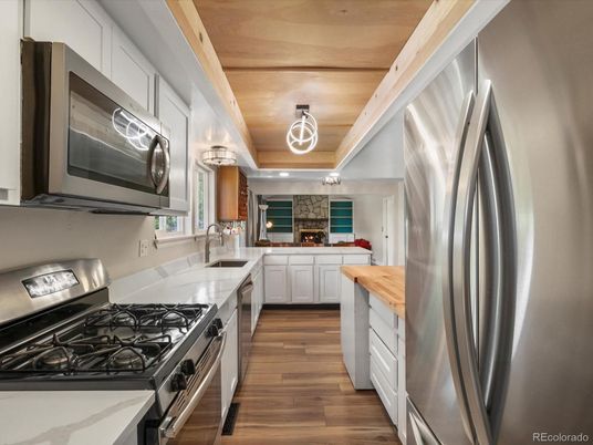 Interior, Kitchen, Recessed Lighting, Stainless Steel Appliances, Wooden Ceilings, Wood Texture Flooring